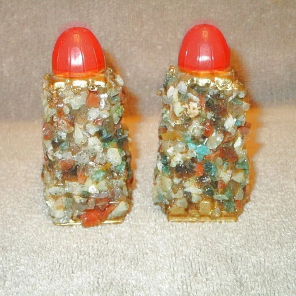 Vtg Gemstone Crystals Salt & Pepper Shakers Set Of 2 Minerals Gold Gilt Marked